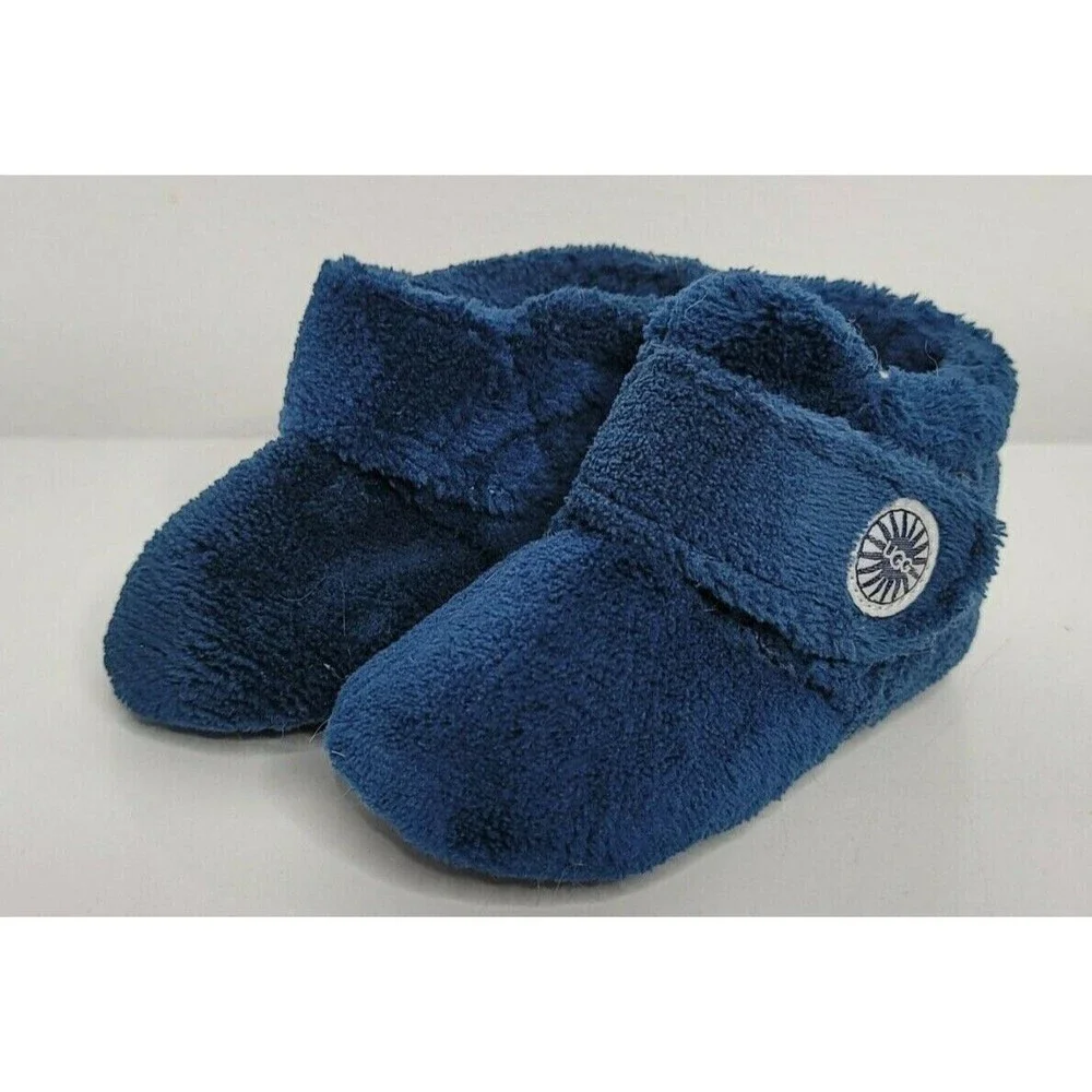 UGG Baby Bixbee Blue Booties Slippers 4/5 Fleece Hook & Loop Winter Soft Sole